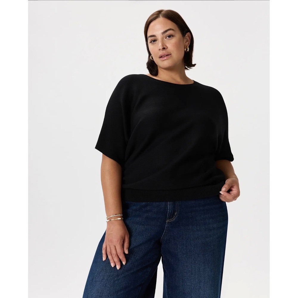 Quince Black Cotton Cashmere Link-Stitch Dolman Sweater XL Short Sleeve Scoop